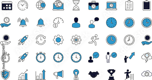 Flat Line Vector Icons Set of Time Management Productivity Business Efficiency Planning Deadline Workflow Strategy Growth and Corporate Organization Symbols for Professional Marketing Projects