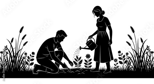A couple gardening together in a stylized black and white illustration with flowers and wheat high quality professional