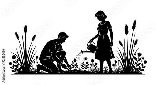 A couple gardens together in a stylized black and white illustration with surrounding foliage high quality professional detailed