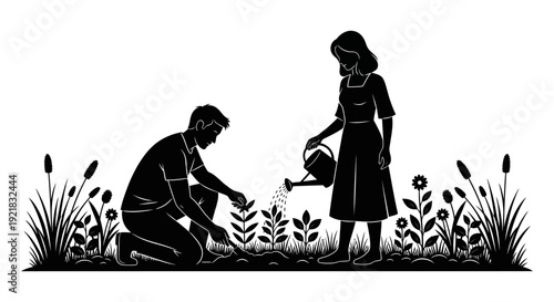 A couple is gardening together planting seeds and watering flowers in a black and white illustration