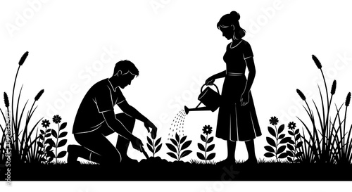 A silhouetted couple gardens together with a man planting and a woman watering flowers high quality