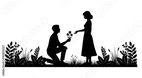A silhouetted scene depicts a man proposing to a woman in a grassy field high quality