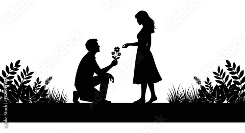 A silhouetted scene depicts a man proposing to a woman with a flower in hand