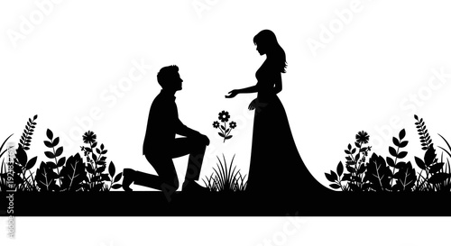 A silhouetted scene depicts a romantic proposal with a man kneeling before a woman high quality