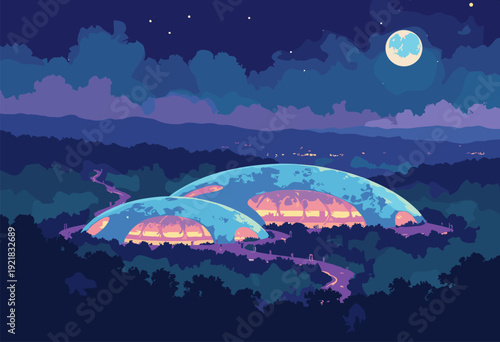 Eden Project biomes Cornwall glowing like giant insect eyes night Scifi architectural