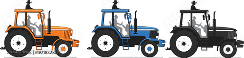 Colorful farm tractor side view vector set featuring orange blue and black agr vehicles with driver isolated on white background for farming design