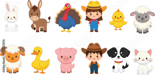 Cute farm animals and farmer characters set, cartoon countryside livestock flat vector illustration isolated on white background