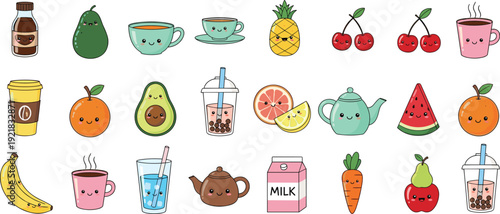 Cute kawaii food characters collection set, cartoon fruits drinks and desserts flat vector illustration isolated on white background