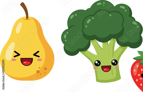Cute pear and broccoli characters set, kawaii fruit and vegetable cartoon flat vector illustration isolated on white background