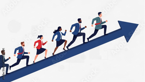 Diverse group of professionals running up a blue arrow graph representing growth and success.
