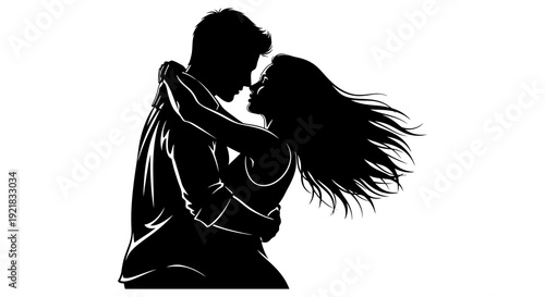 A silhouetted couple embraces tenderly their forms blending in a romantic and intimate pose high quality