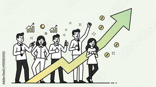 Diverse team celebrating financial growth and success with upward trending arrow.