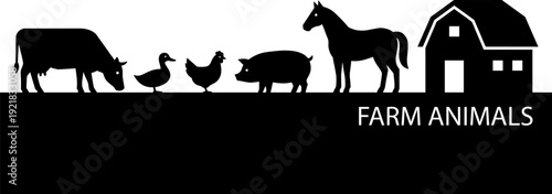 Black silhouette illustration of farm animals cow, duck, chicken, pig, horse with barn, symbolizing agriculture, livestock, and rural life