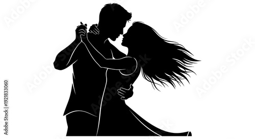 A silhouetted couple embraces in a passionate dance their forms blending into a single shape