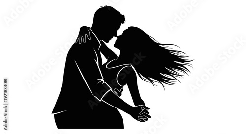 A silhouette of a couple embracing in a tender and romantic moment heads closely aligned