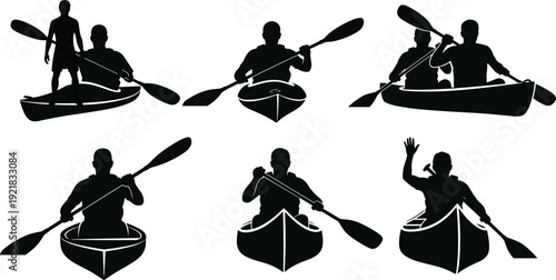 Kayaking and canoeing silhouette collection set, paddlers rowing boat on river flat vector illustration isolated on white background