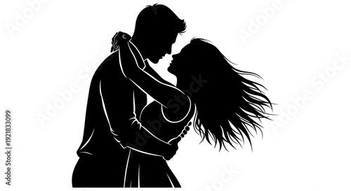 A silhouetted couple embraces in a passionate dance heads close together against a white background