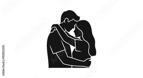A silhouetted couple embraces in a close intimate pose against a stark white background high quality