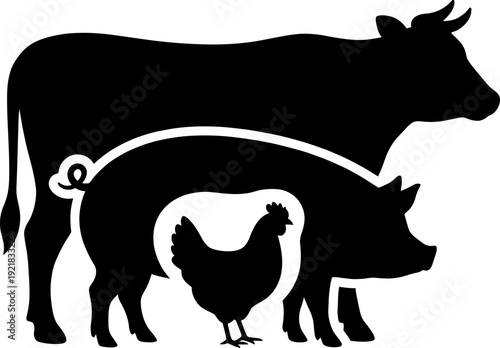 Stylized black silhouette illustration of cow, pig, and chicken nested together, symbolizing farm animals, agriculture, and food production