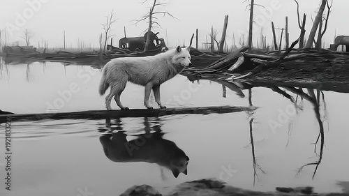 Monochromatic wolf reflection in stagnant water, stark desolation landscape after calamity unfolds, an evocative scene