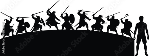 Medieval warriors silhouette battle scene, armed knights with swords and shields flat vector illustration isolated on white background