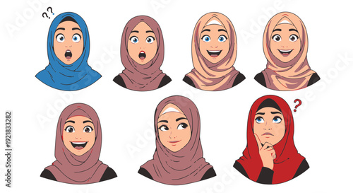 Muslim Woman Cartoon Vector Illustrations Diverse Facial Expressions Including Surprised Happy and Thinking