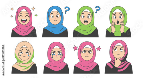 Muslim Woman Emotions Cartoon Vector Set Displaying Diverse Feelings and Expressions