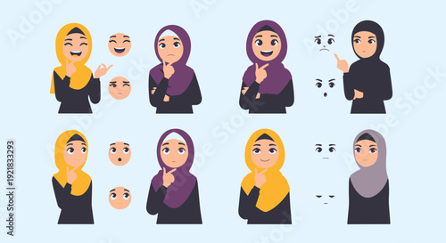 Muslim Women in Hijabs Expressing Diverse Emotions and Reactions Flat Design Vector Illustration