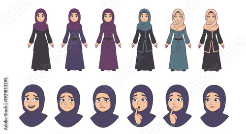 Muslim Woman Cartoon Character Diverse Abaya Styles and Various Emotional Expressions Illustration