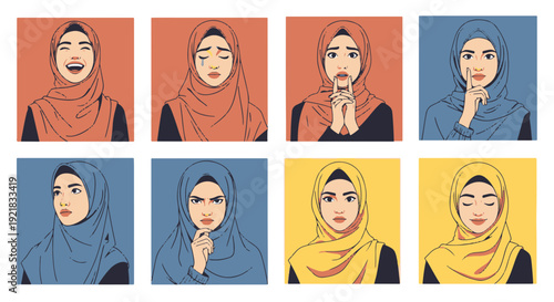 Muslim Woman Expressing a Diverse Range of Feelings and Expressions in Vector Illustration