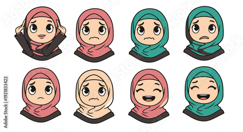 Muslim Woman Chibi Cartoon Characters Displaying Diverse Emotions in Hijabs