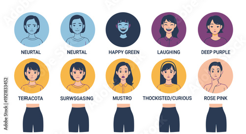 Emotion Chart Displaying Ten Diverse Female Facial Expressions Illustrations with Various Moods and Feelings