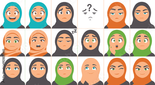 Muslim Woman Cartoon Character Showing Diverse Facial Expressions and Emotions in a Flat Design Style