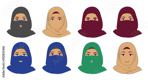 Muslim Women Wearing Various Hijabs and Niqabs Illustrate Diverse Cultural Attire