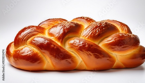 delicious braided challah bread with a golden brown crust and soft texture isolated on white background