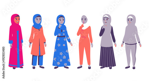 Muslim Women Wearing Hijabs in Different Stylish Outfits Displaying Diverse Expressions and Emotions
