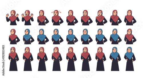 Muslim Woman Hijab Expressions Collection Featuring Diverse Emotions and Gestures Cartoon Character Design