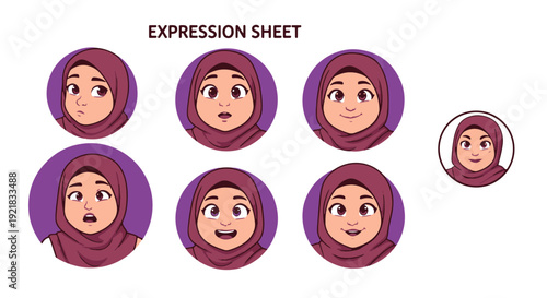Muslim Woman Character Expression Sheet Displaying Various Emotions in a Cartoon Vector Style