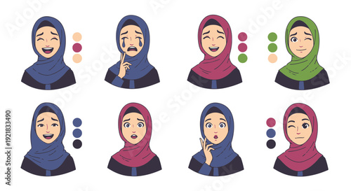 Muslim Woman Cartoon Avatars Displaying Diverse Emotions Including Joy Sadness Worry