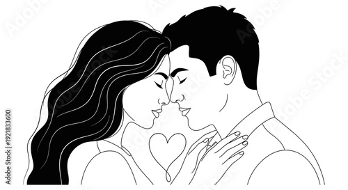 A stylized black and white illustration depicts a couple embracing in a tender kiss high quality