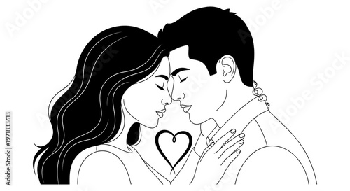 A black and white illustration depicts a couple intimately kissing with a heart shaped detail high quality