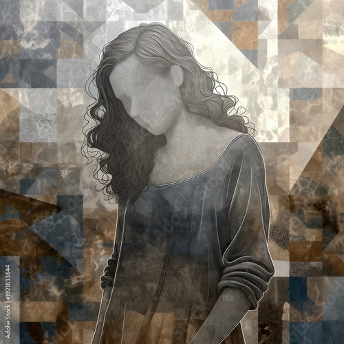 Woman Neurodivergent Illustration, A gentle illustration of a woman with long wavy hair, shown from behind or with her face hidden, expressing a quiet moment of grounding and emotional regulation. 