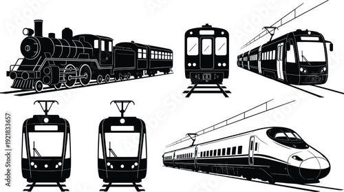 Six black and white train illustrations including steam locomotive, subway, light rail, tram, and bullet train, representing evolution of railway transport, public transit, and moder