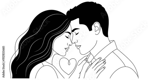 A black and white illustration depicts a couple embracing in a tender romantic kiss high quality
