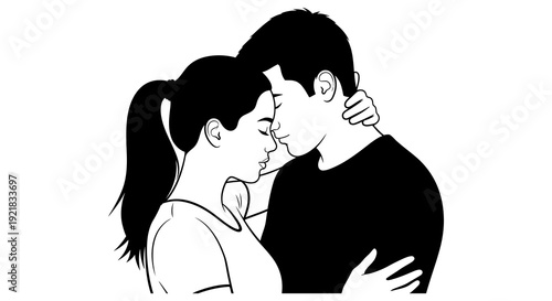 A black and white illustration depicts a couple embracing in a tender affectionate moment high quality