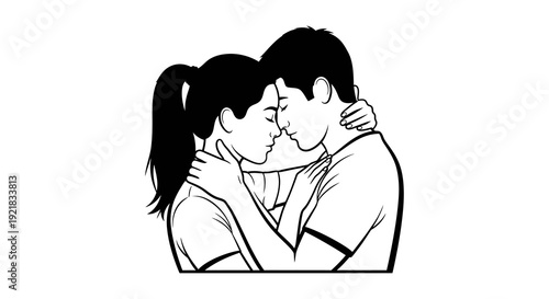 A black and white illustration depicts a couple embracing in a tender loving moment high quality