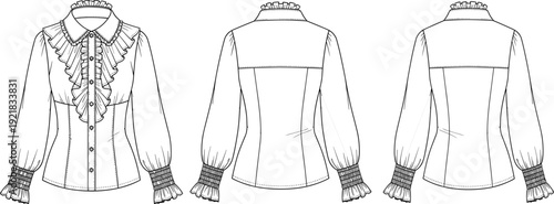 Victorian ruffle blouse outline drawing, elegant women long sleeve shirt fashion flat vector illustration isolated on white background