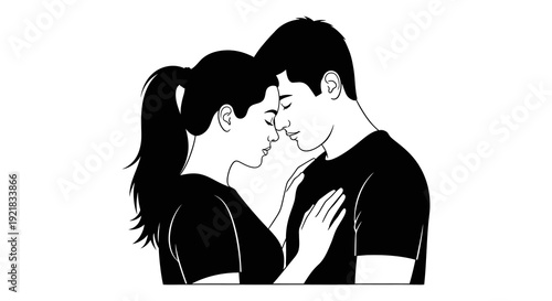 A black and white illustration depicts a couple intimately embracing in a tender moment high quality