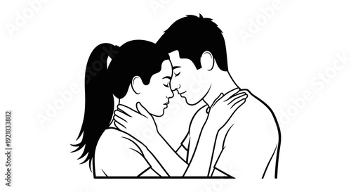 A black and white line drawing depicts a couple embracing in a tender loving moment