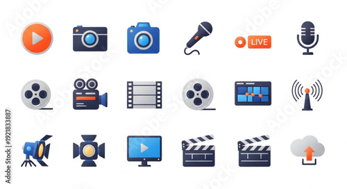 Collection of media and entertainment icons on white background.